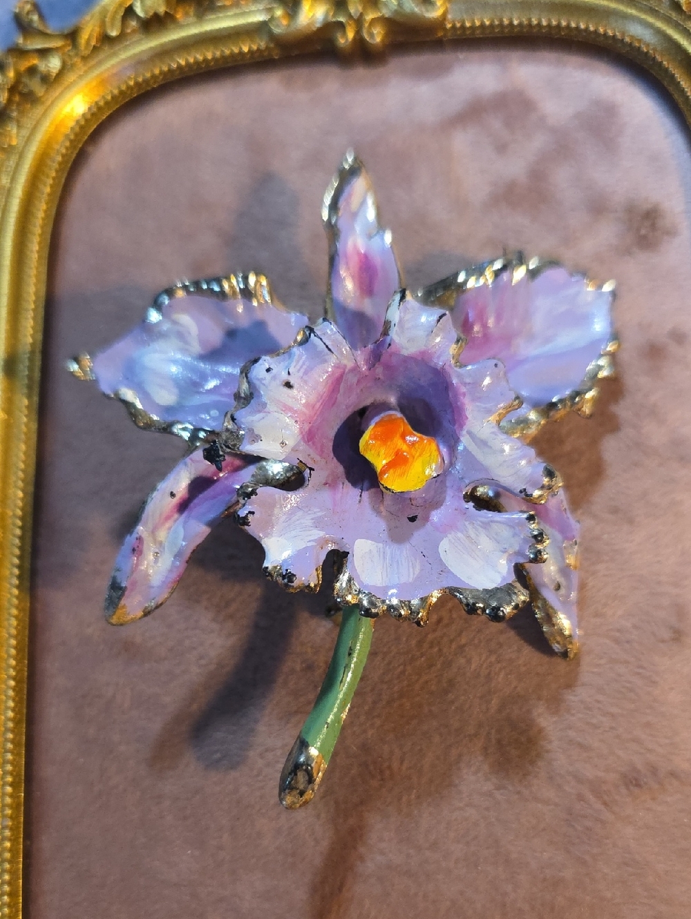 Hand-Painted Lavender Orchid Brooch with Gold Accents